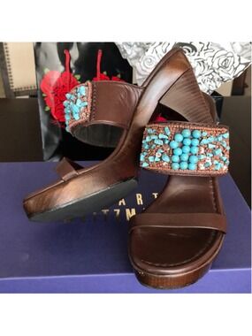 Stuart Weitzman Bead Me Up Chocolate Nappa Leather Rhinestones Heeled Sandals